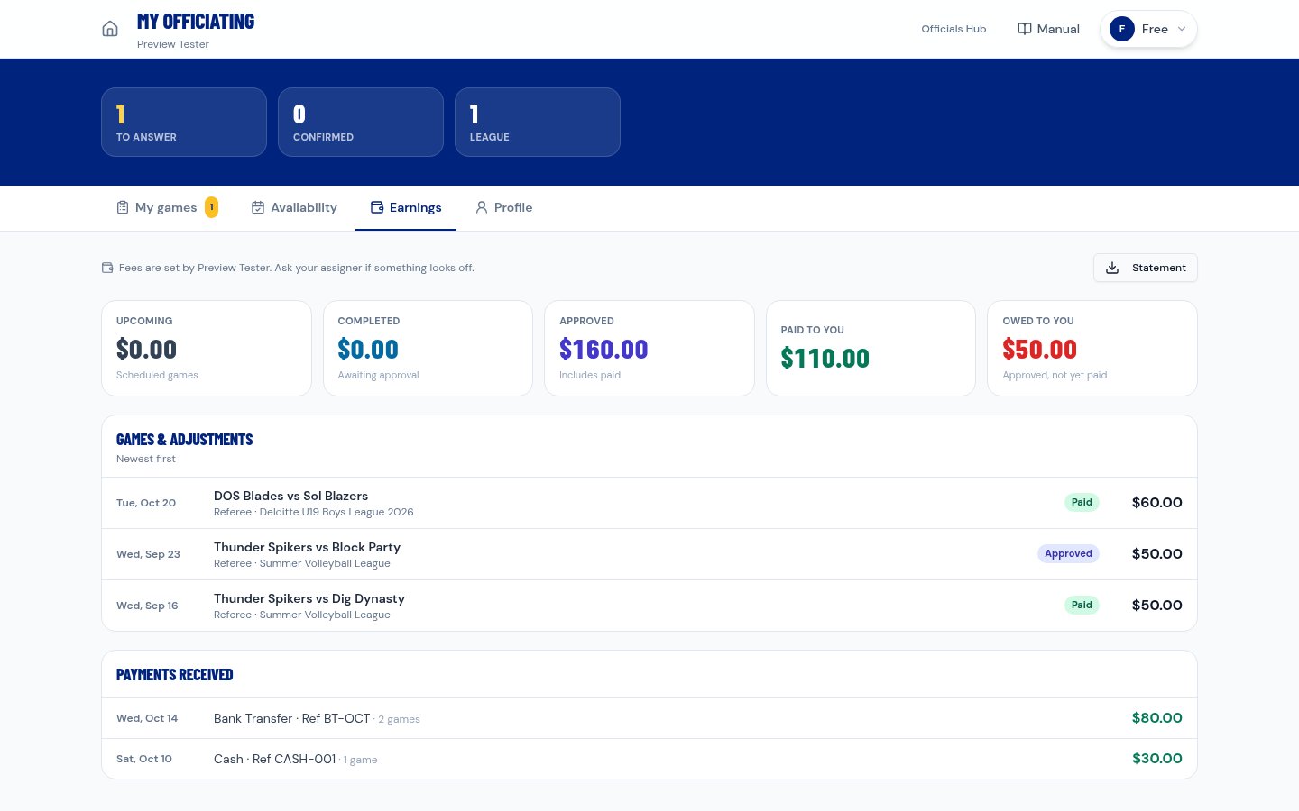 Schedule Guru Officials Portal showing an official's earnings, games and payments received